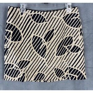 Kenneth Cole Mini Skirt Silk Tan Black Palm Floral Print Stripes size 10